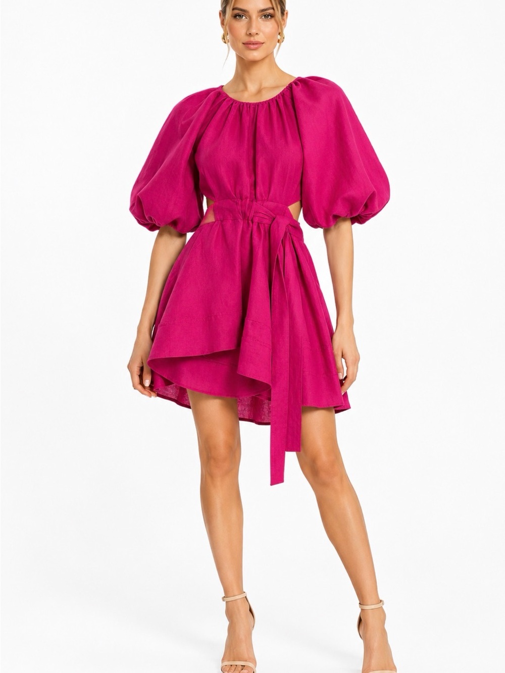Aje Fuchsia Cut-Out Puff Sleeve Tie-Waist Mini Dress
